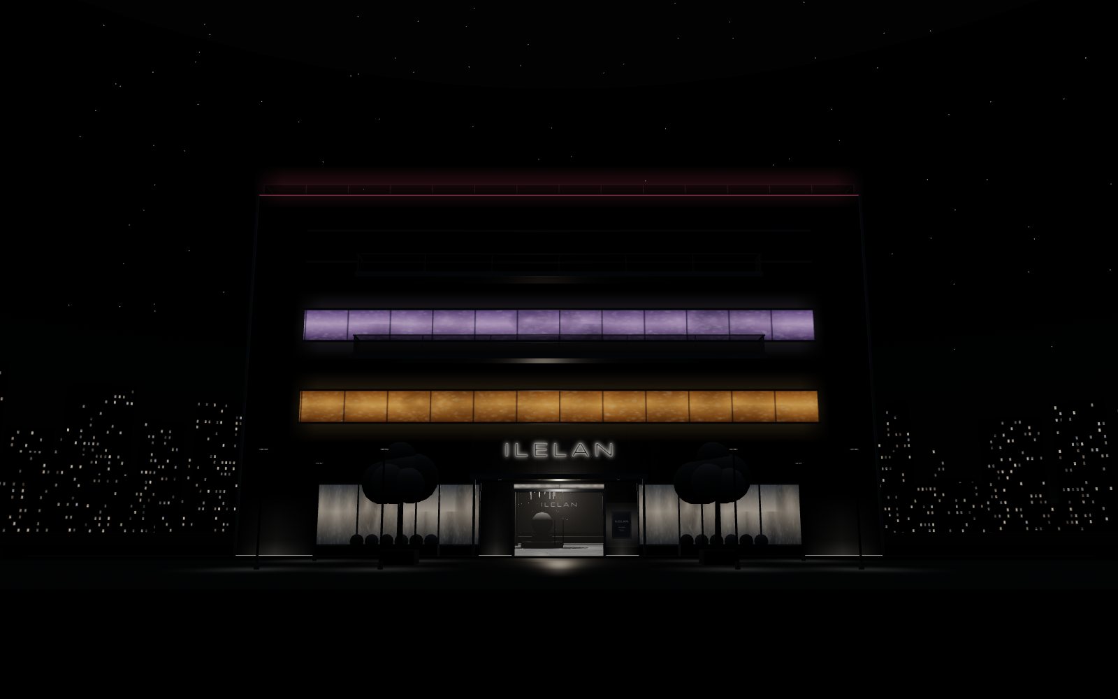 The sample building at night: a dark building with bands of light on its floors