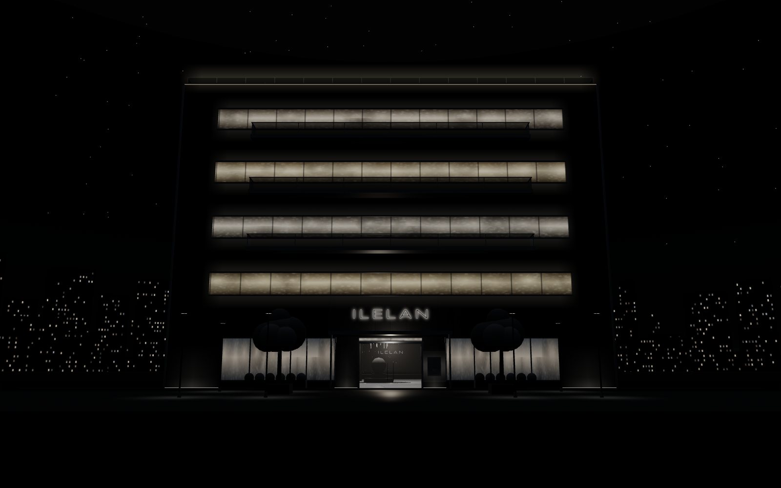 Buffft's condo at night, lit floor by floor